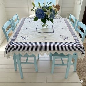 Vintage Table Cloth Nautical Ship light house design crochet lace trim